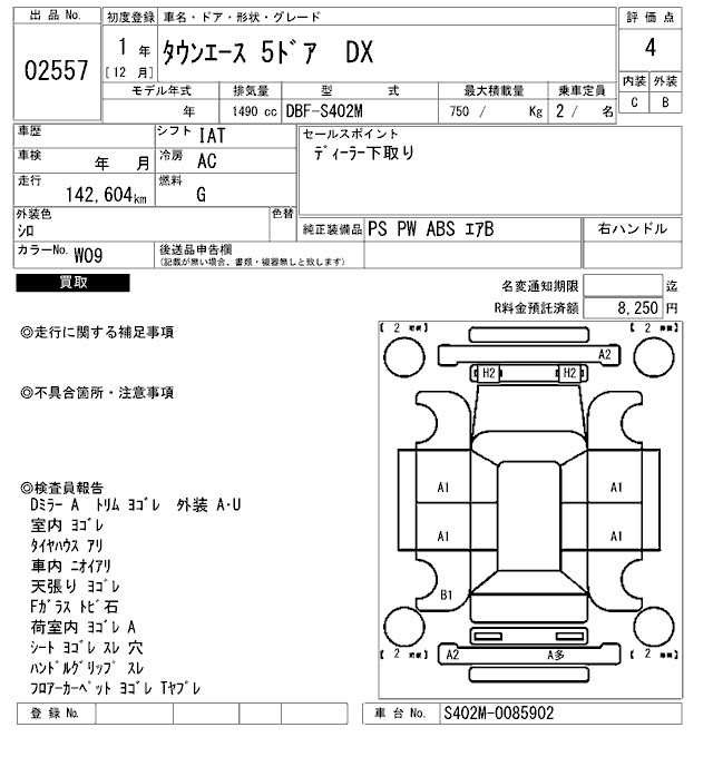 Аукционный лист TOYOTA TOWN ACE VAN 2019