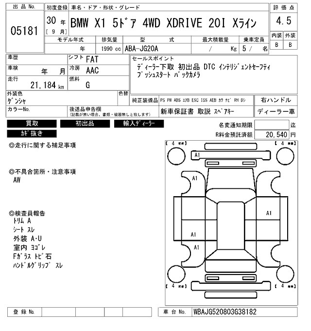 Аукционный лист BMW X1 2018