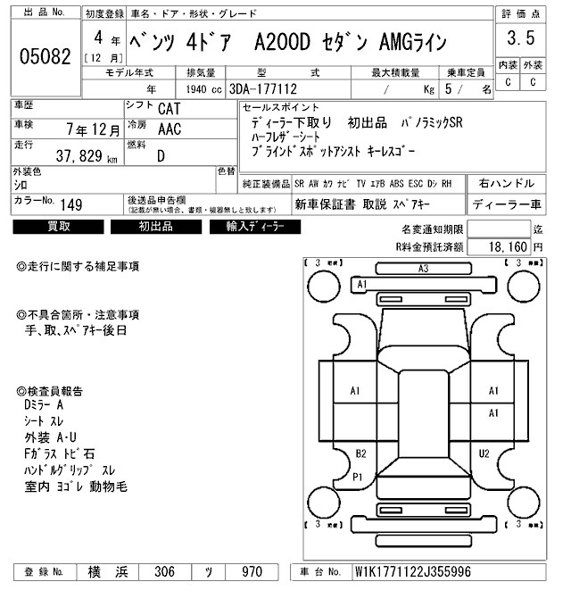 Аукционный лист MERCEDES BENZ A CLASS 2022