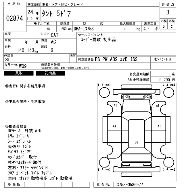 Аукционный лист DAIHATSU TANTO 2012