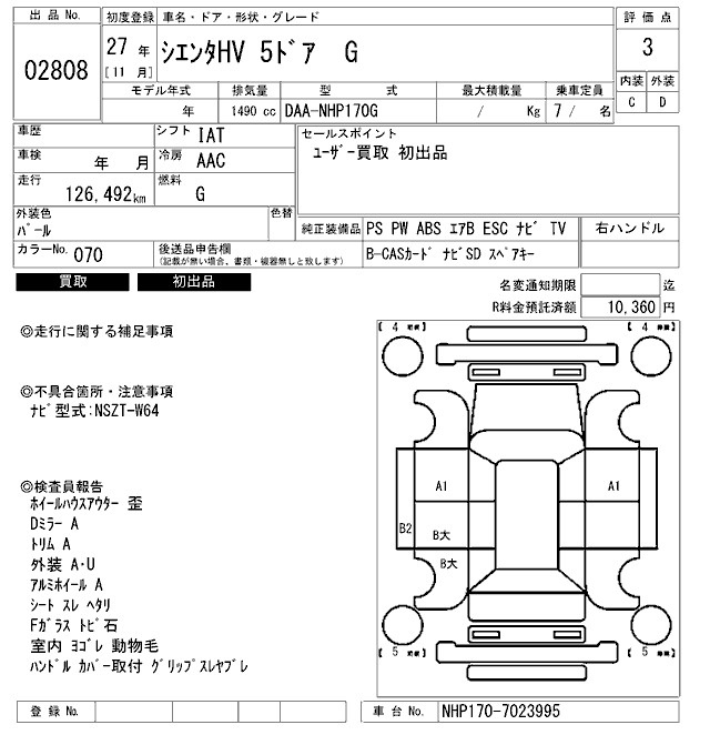 Аукционный лист TOYOTA SIENTA 2015