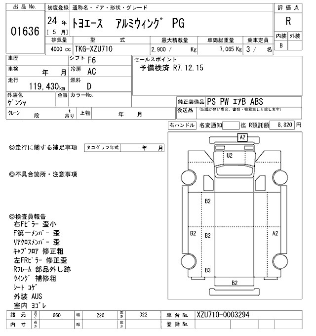 Аукционный лист TOYOTA TOYOACE 2012