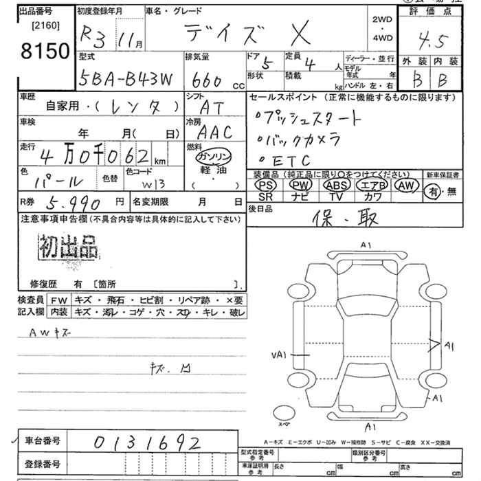 Аукционный лист NISSAN DAYZ 2021