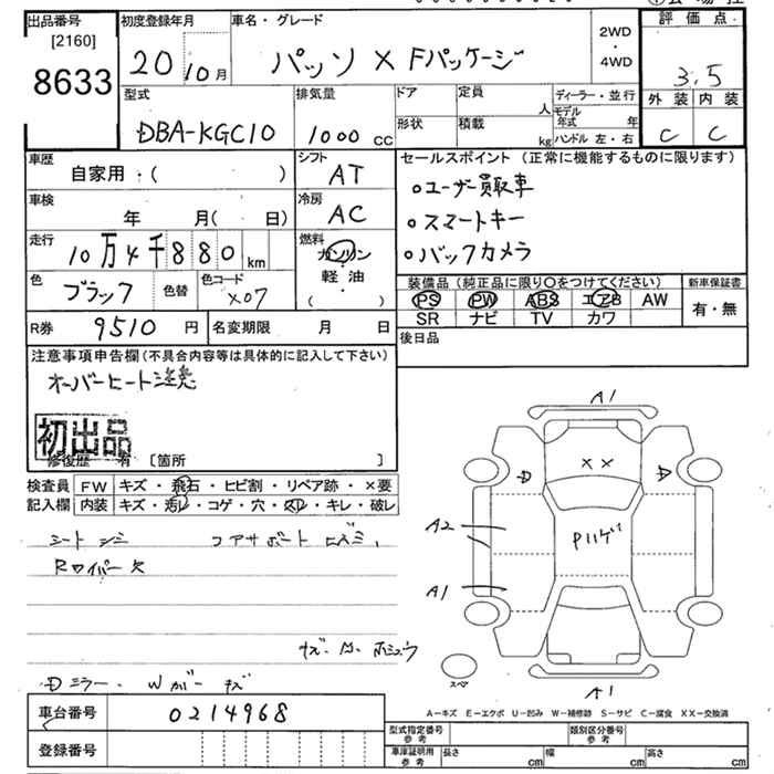 Аукционный лист TOYOTA PASSO 2008