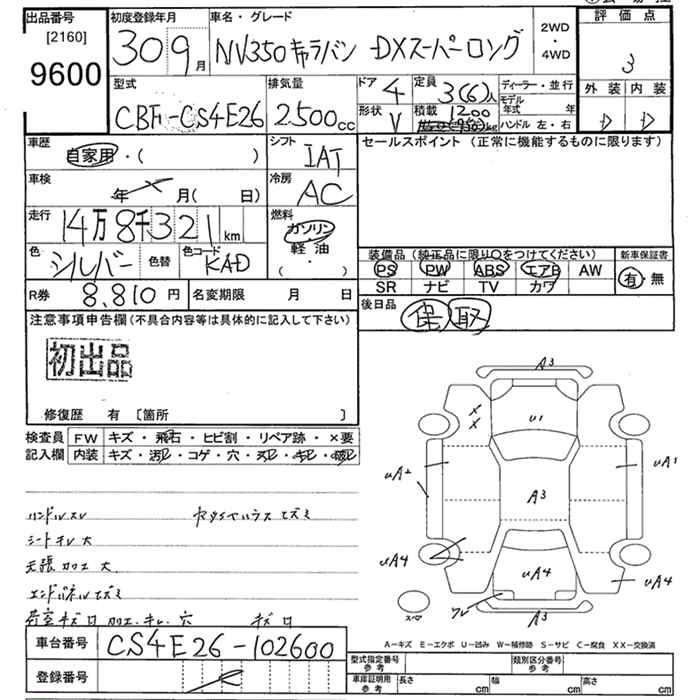 Аукционный лист NISSAN CARAVAN VAN 2018