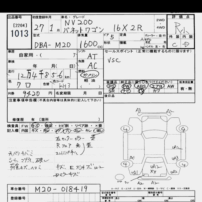 Аукционный лист NISSAN NV200 2015