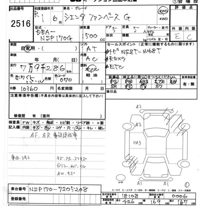 Аукционный лист TOYOTA SIENTA 2019