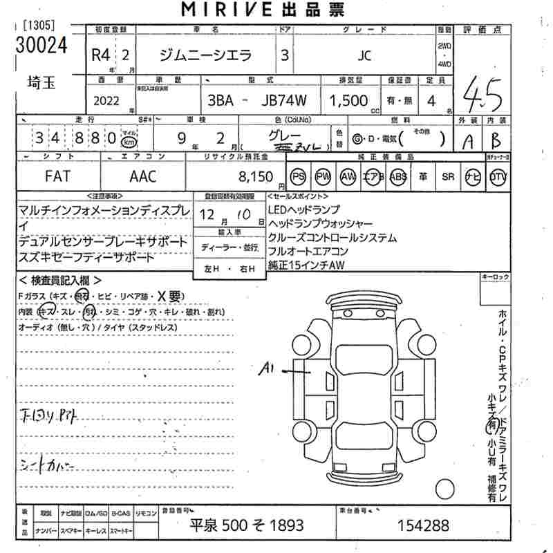 Аукционный лист SUZUKI JIMNY SIERRA 2022