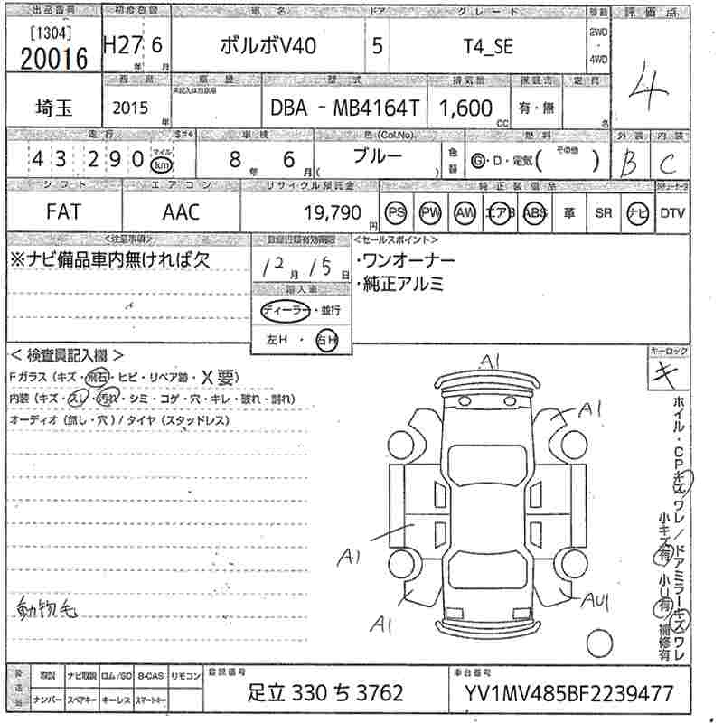 Аукционный лист VOLVO V40 2015