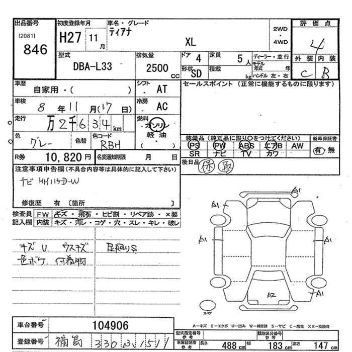 Аукционный лист NISSAN TEANA 2015