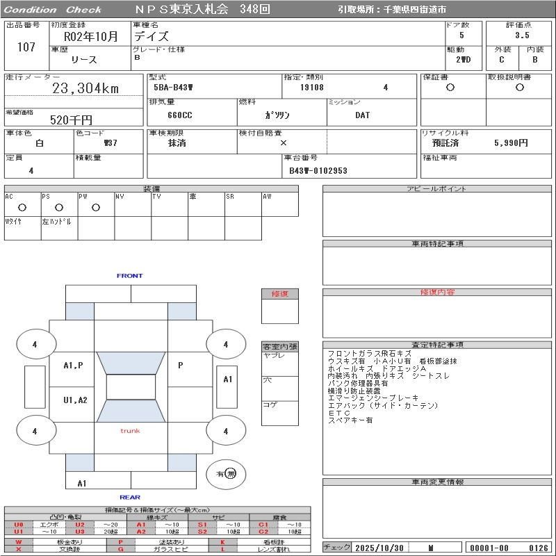 Аукционный лист NISSAN DAYZ 2020