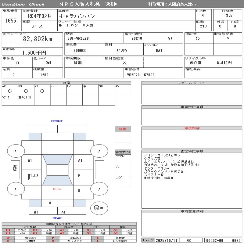 Аукционный лист NISSAN CARAVAN VAN 2022