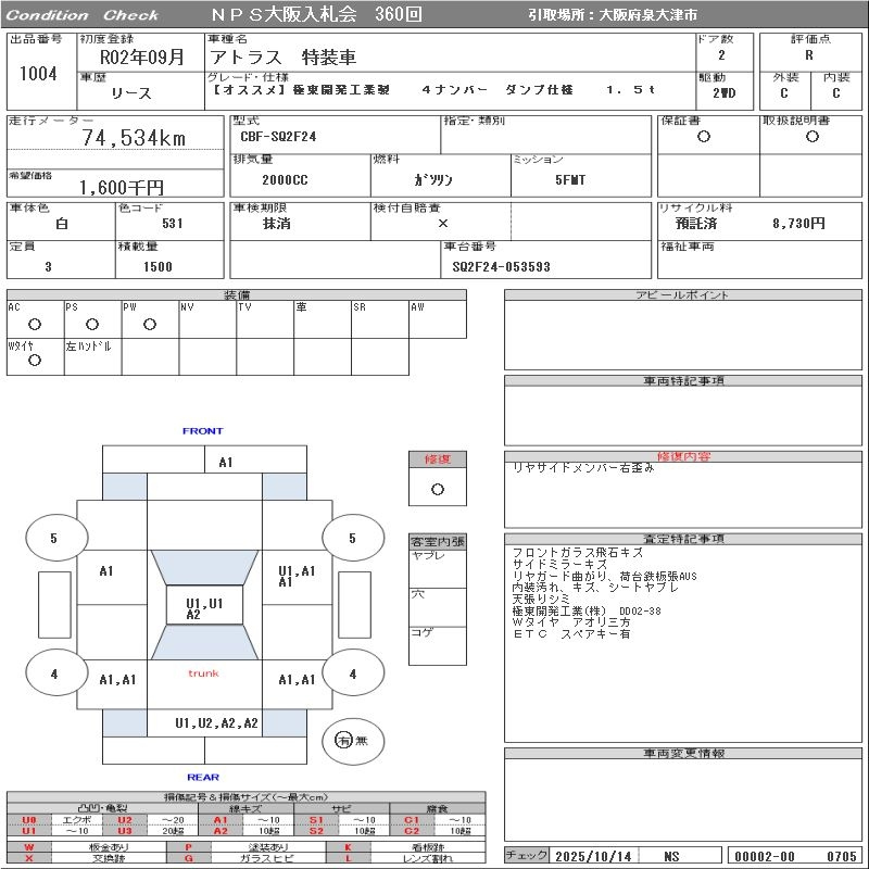 Аукционный лист NISSAN ATLAS 2020