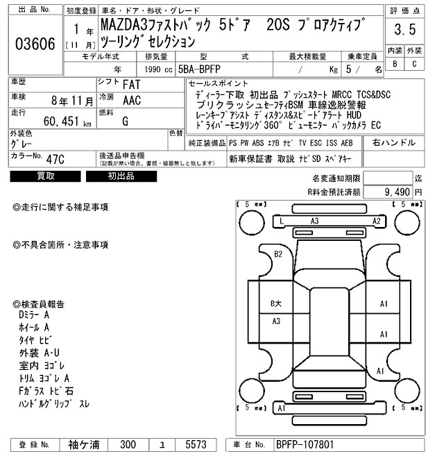 Аукционный лист MAZDA MAZDA3 2019