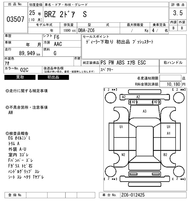 Аукционный лист SUBARU BRZ 2013