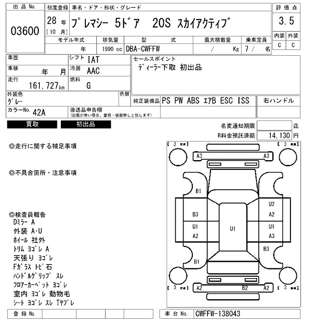 Аукционный лист MAZDA PREMACY 2016