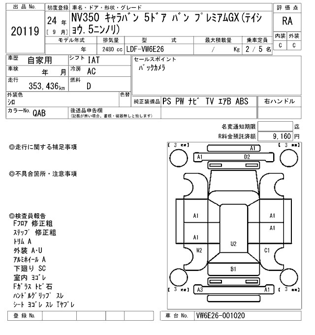Аукционный лист NISSAN CARAVAN VAN 2012