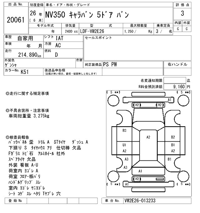 Аукционный лист NISSAN CARAVAN VAN 2014