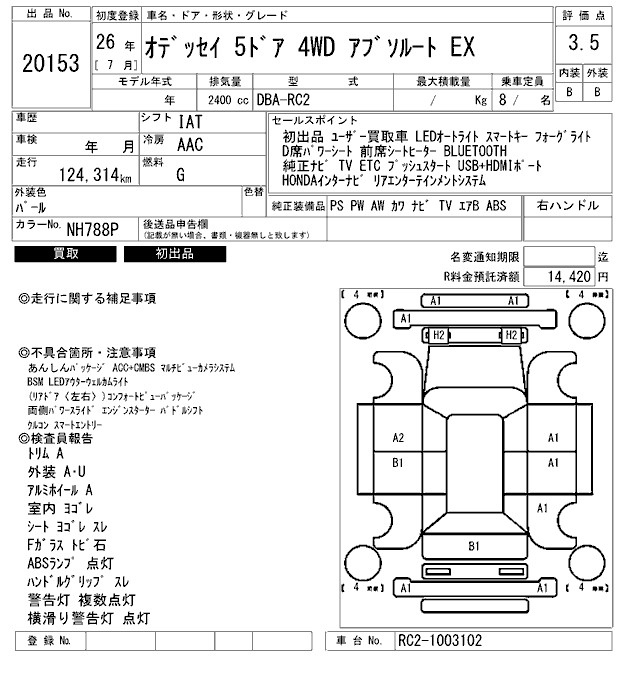 Аукционный лист HONDA ODYSSEY 2014