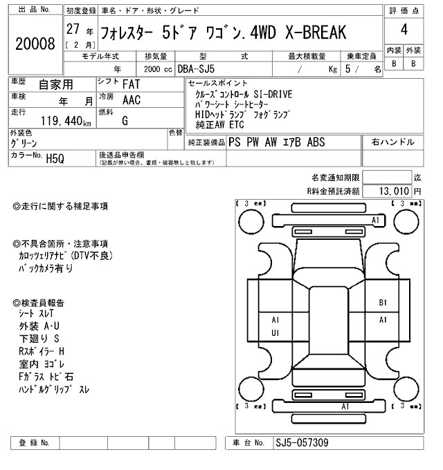 Аукционный лист SUBARU FORESTER 2015