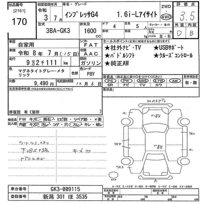 Аукционный лист SUBARU IMPREZA G4 2021