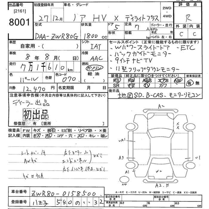 Аукционный лист TOYOTA NOAH 2015
