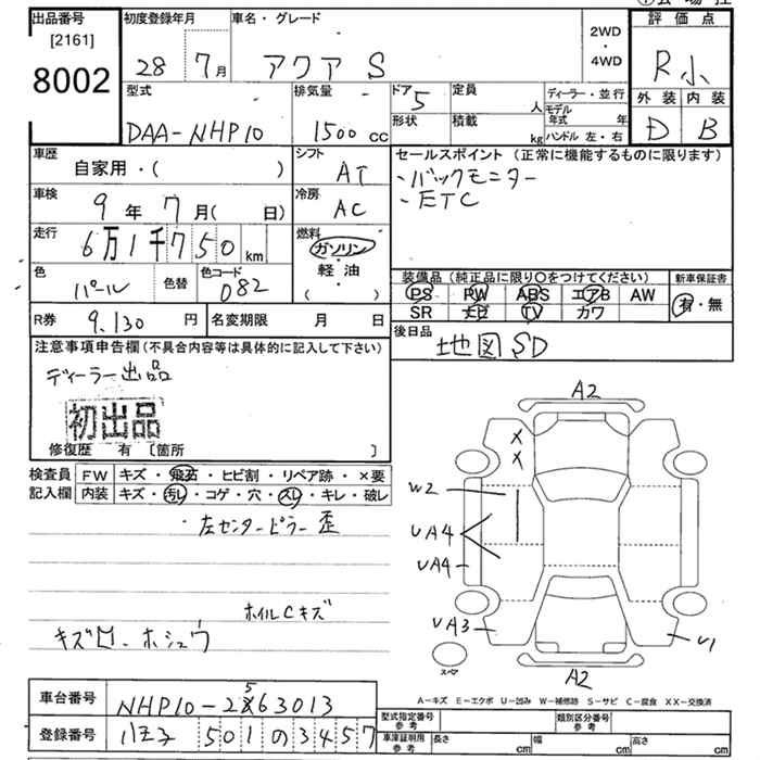 Аукционный лист TOYOTA AQUA 2016