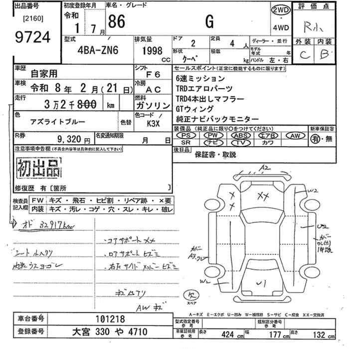 Аукционный лист TOYOTA 86 2019