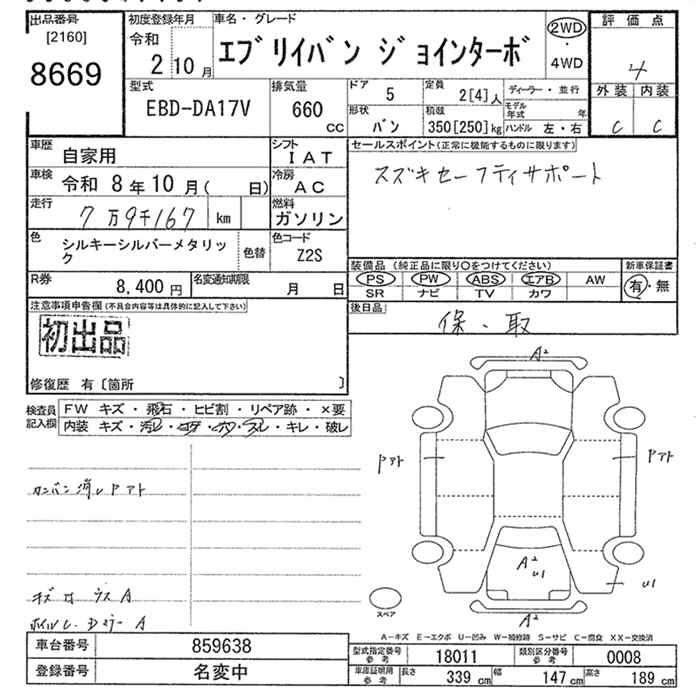 Аукционный лист SUZUKI EVERY 2020