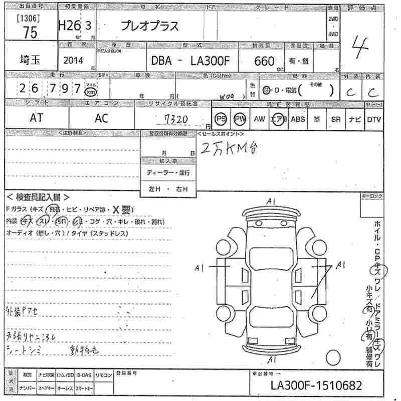 Аукционный лист SUBARU PLEO PLUS 2014