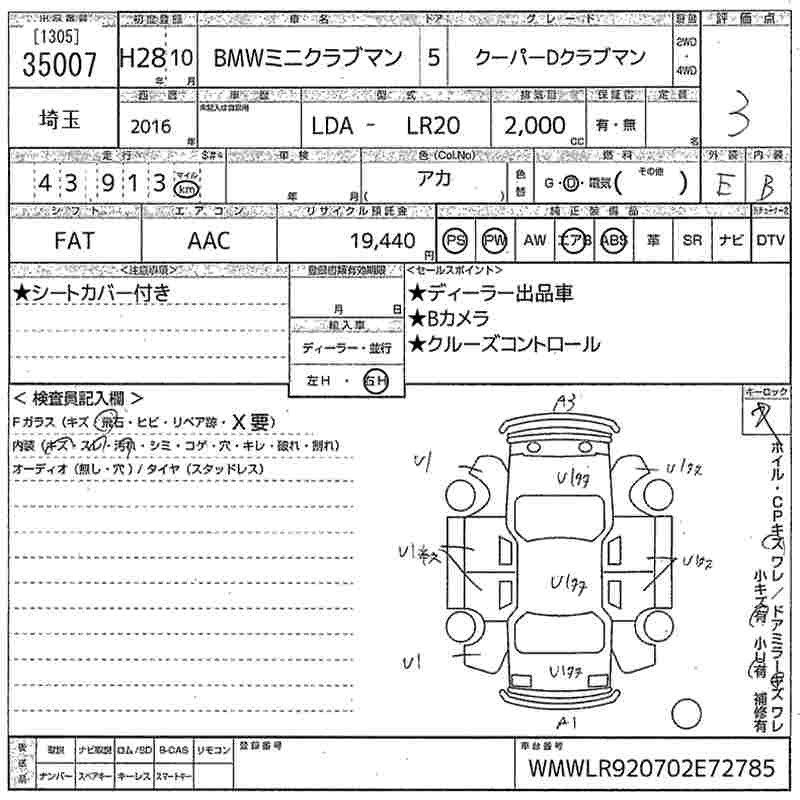 Аукционный лист BMW MINI 2016