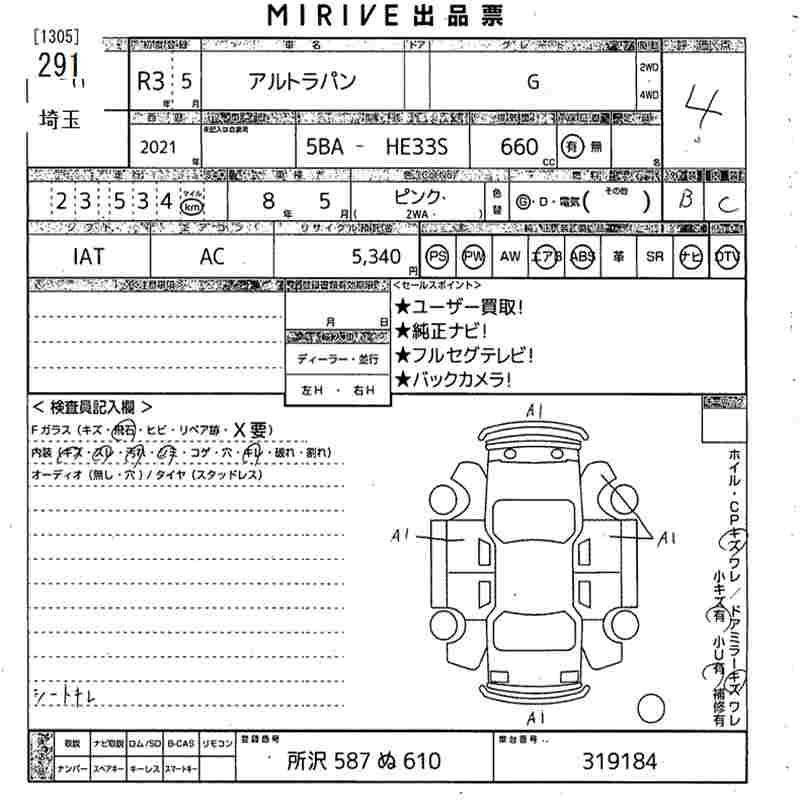 Аукционный лист SUZUKI ALTO LAPIN 2021