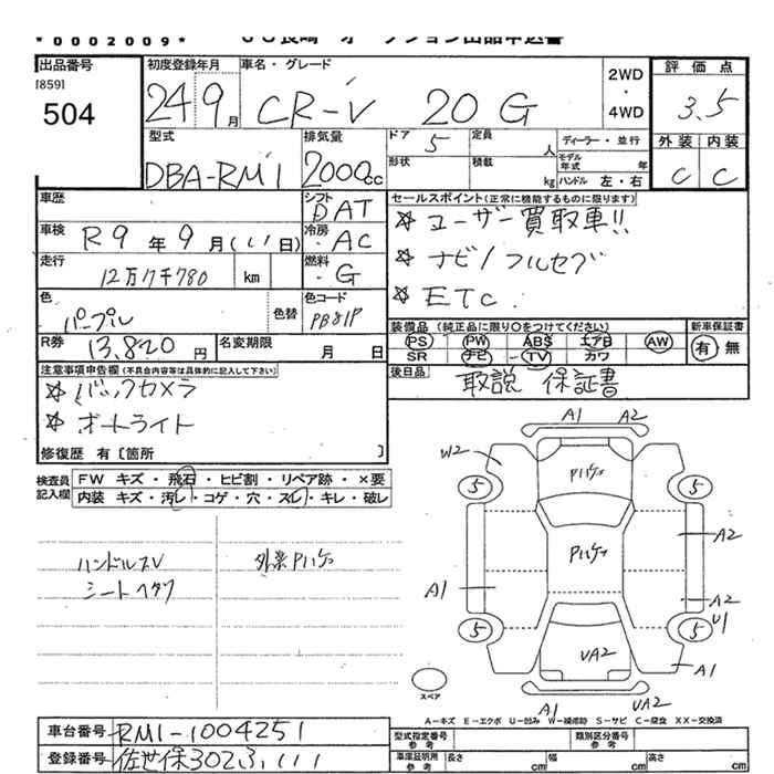 Аукционный лист HONDA CR-V 2012