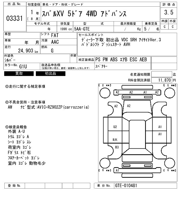 Аукционный лист SUBARU XV 2019