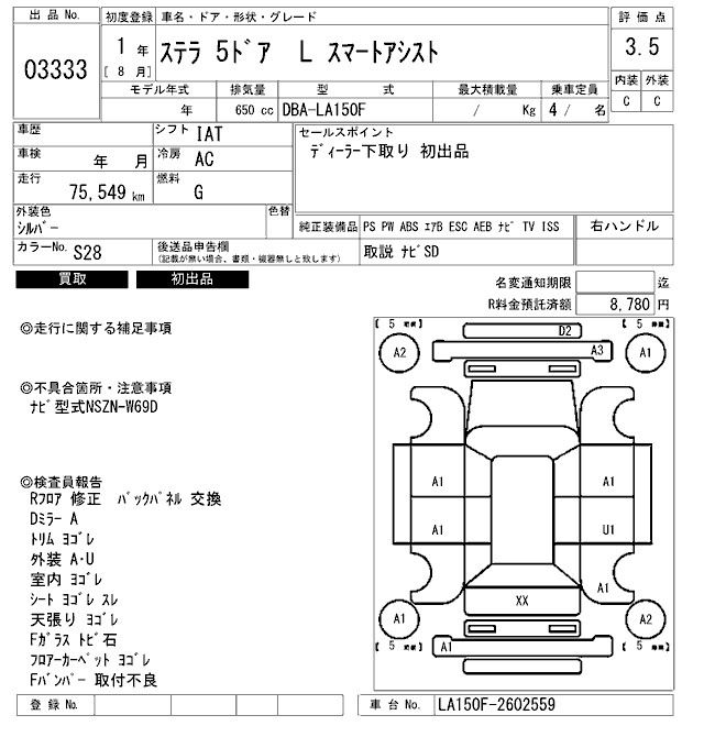 Аукционный лист SUBARU STELLA 2019