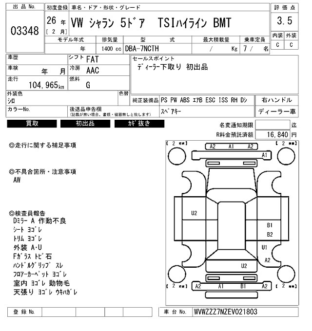 Аукционный лист VOLKSWAGEN SHARAN 2014
