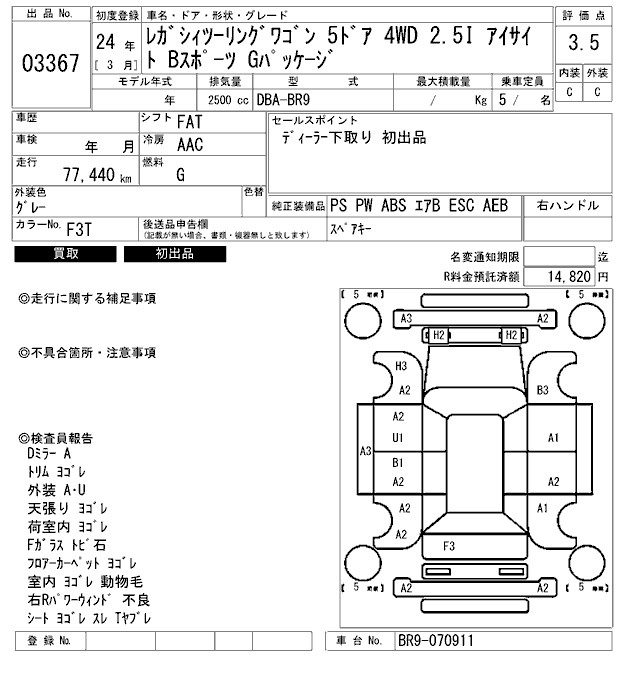 Аукционный лист SUBARU LEGACY 2012
