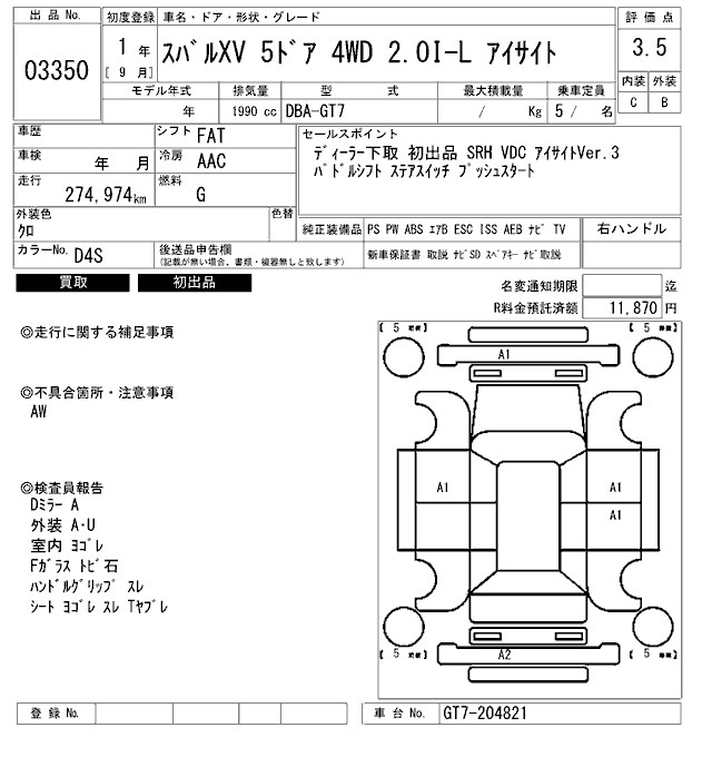 Аукционный лист SUBARU XV 2019