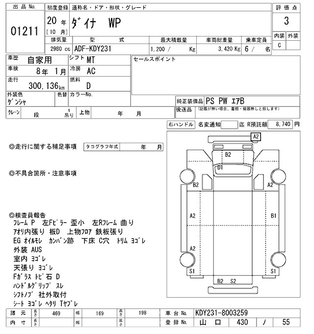 Аукционный лист TOYOTA DYNA 2008