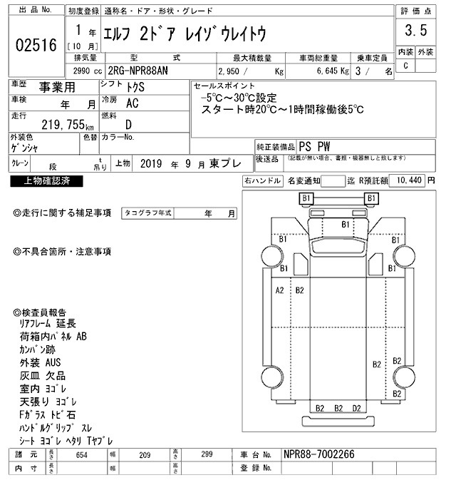 Аукционный лист ISUZU ELF 2019