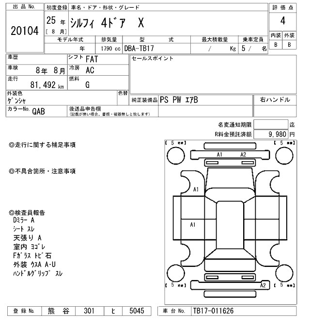 Аукционный лист NISSAN SYLPHY 2013