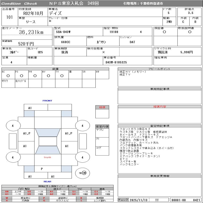 Аукционный лист NISSAN DAYZ 2020