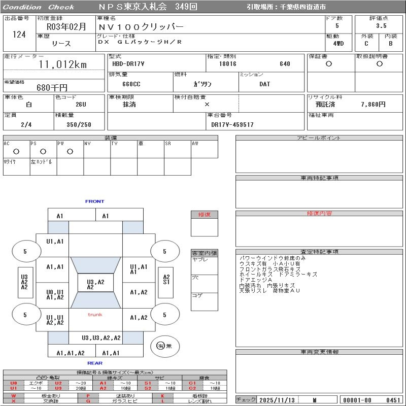 Аукционный лист NISSAN CLIPPER VAN 2021