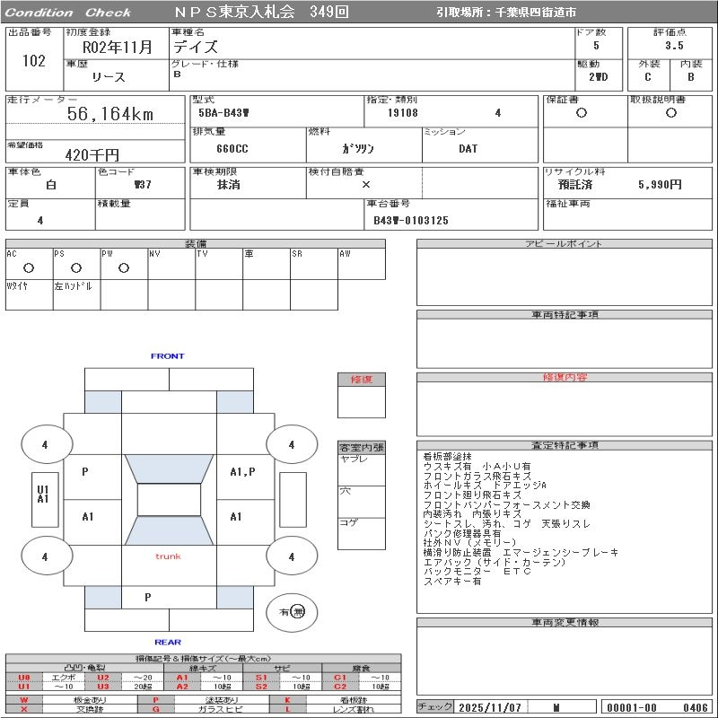Аукционный лист NISSAN DAYZ 2020