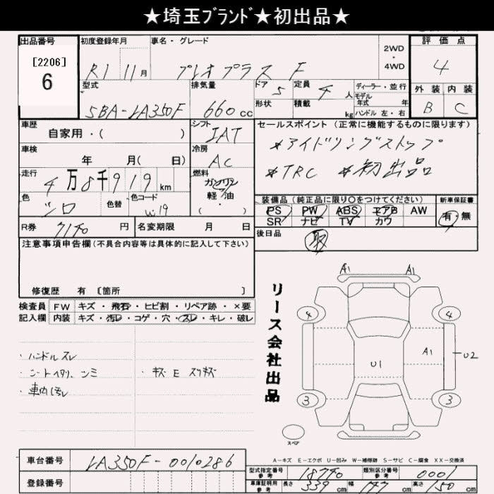 Аукционный лист SUBARU PLEO PLUS 2019