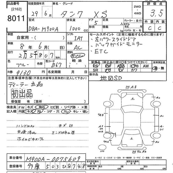 Аукционный лист TOYOTA TANK 2017