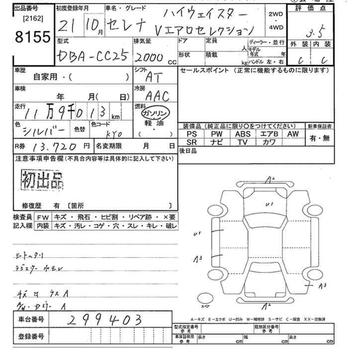 Аукционный лист NISSAN SERENA 2009