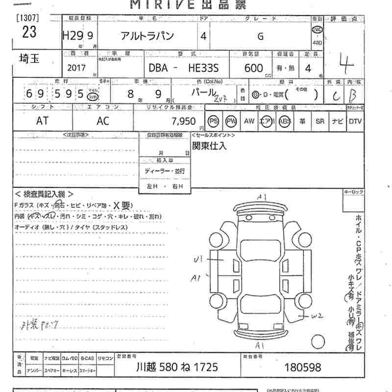 Аукционный лист SUZUKI ALTO LAPIN 2017