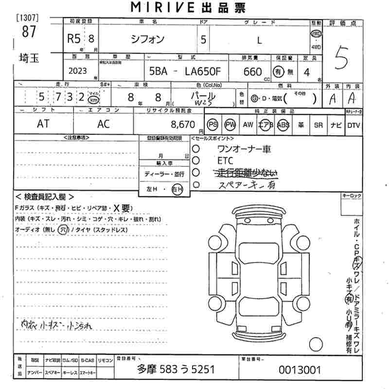 Аукционный лист SUBARU CHIFFON 2023