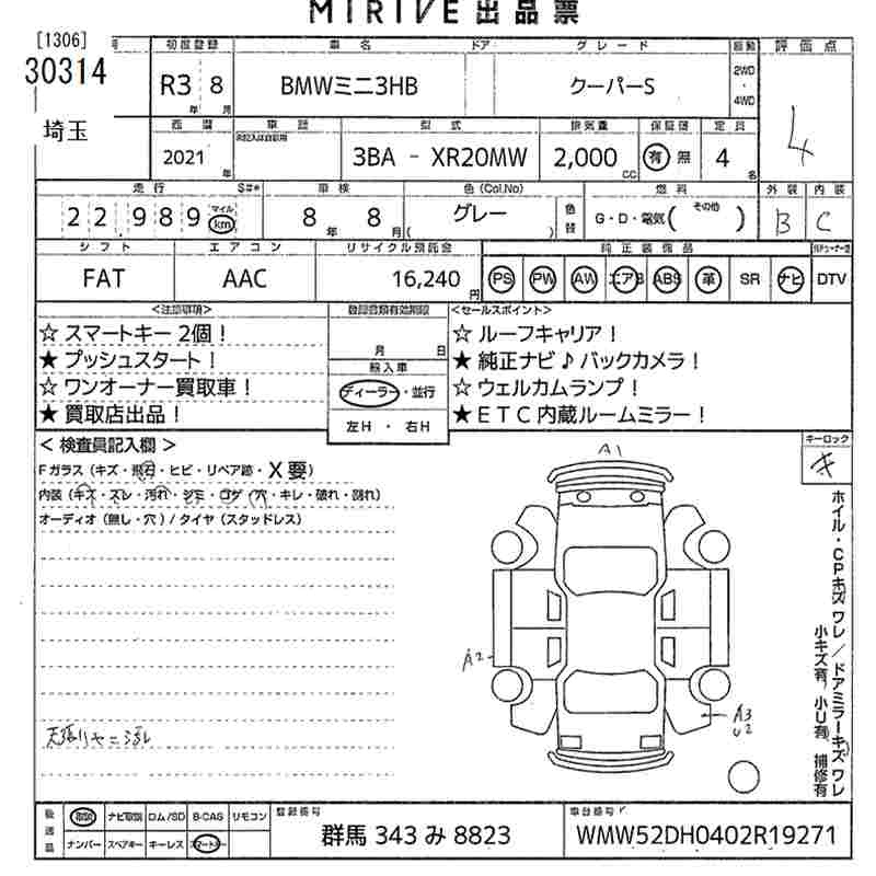 Аукционный лист BMW MINI 2021